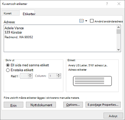 Dialogrutan Kuvert och etiketter – etiketter