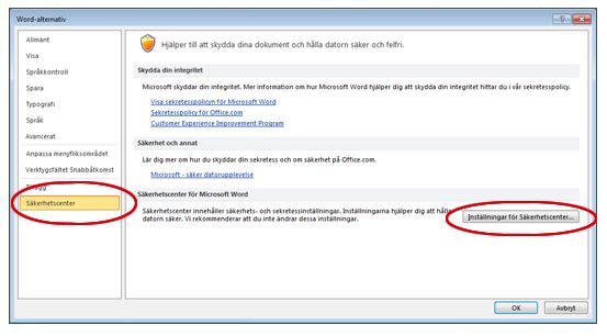Word-alternativ med Inställningar för Säkerhetscenter