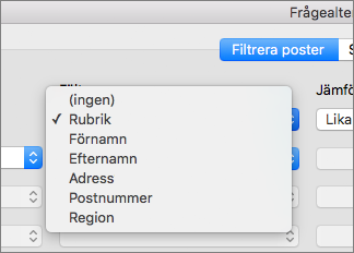 Klicka på det fält du vill filtrera efter.