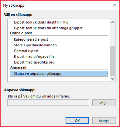 Klicka på Skapa en anpassad sökmapp