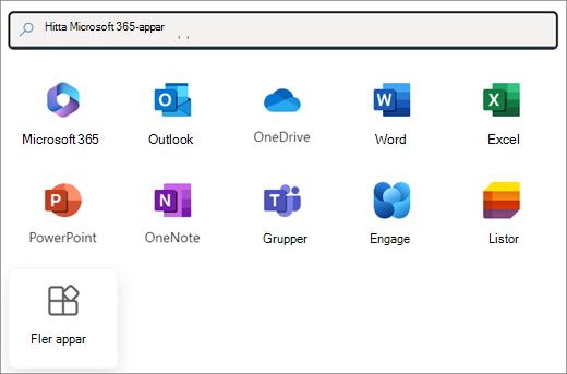 Ett urval av Microsoft 365-appar. Den sista panelen är Fler appar.