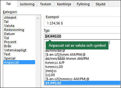 Funktionen TEXT – Anpassad valuta med symbol