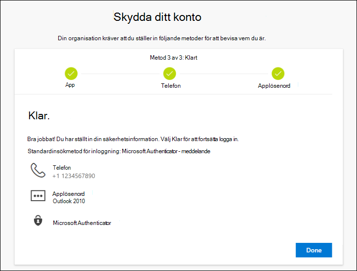 Sidan Programlösenord, med kompletteringsmeddelande