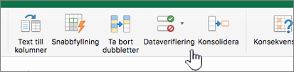 Excel-verktygsfältets datameny med Dataverifiering markerat