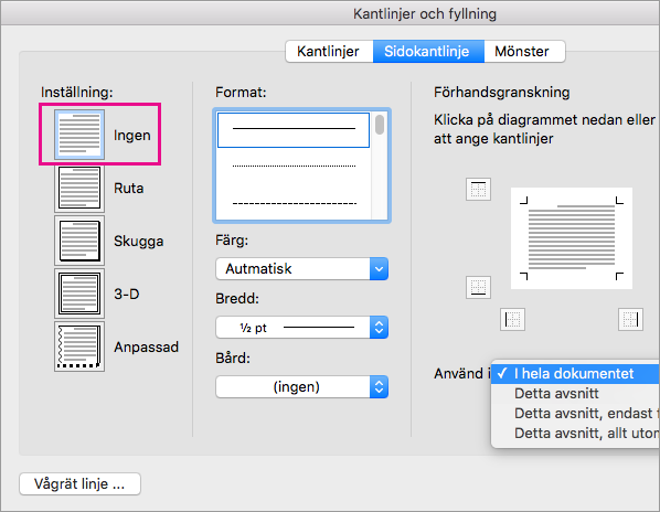 Fliken Sidkantlinje med inställningen Ingen markerad.