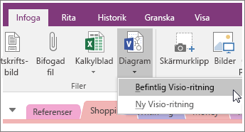 Skärmbild som visar knappen Infoga diagram i OneNote 2016.