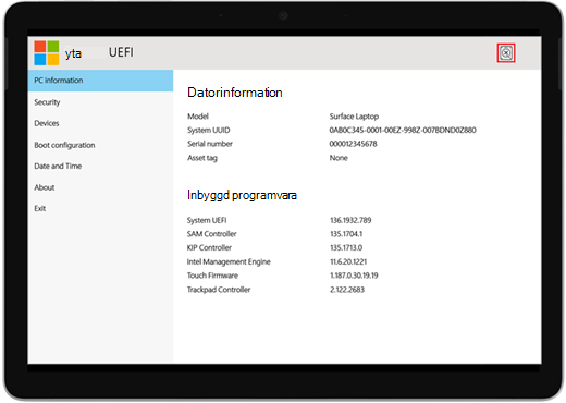 Felskärm för Surface UEFI-start