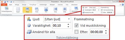 Gruppen Tidsinställning på fliken Övergångar i menyfliksområdet för PowerPoint 2010.