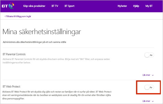 Sida för säkerhetsinställningar för BT