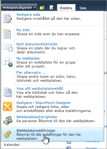 Webbplatsinställningar på menyn Webbplatsåtgärder