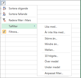 anpassade filtreringsalternativ som är tillgängliga för numeriska värden.