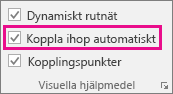 Markera eller avmarkera kryssrutan Koppla ihop automatiskt på fliken Visa för att aktivera eller inaktivera funktionen Koppla ihop automatiskt.