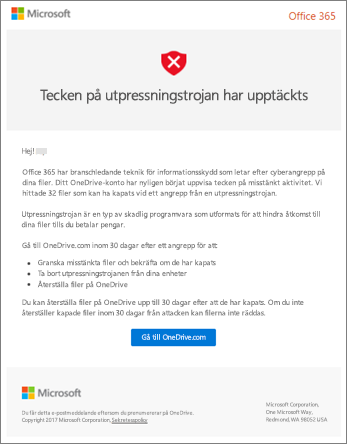 Skärmbild av e-postmeddelandet om identifiering av utpressningstrojan från Microsoft