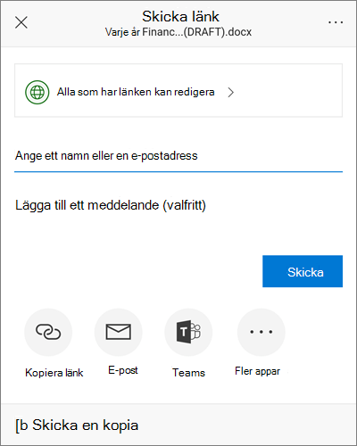 Skärmbild av delningsdialogrutan på Android