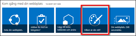 Nyligen skapad webbplats i SharePoint online som visar klickbara paneler för att ytterligare anpassa webbplatsen