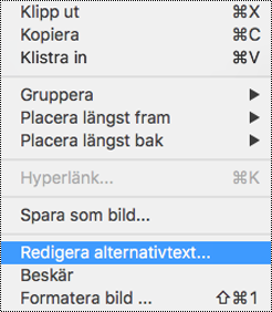 Alternativet Redigera alternativtext på snabbmenyn i PowerPoint för Mac