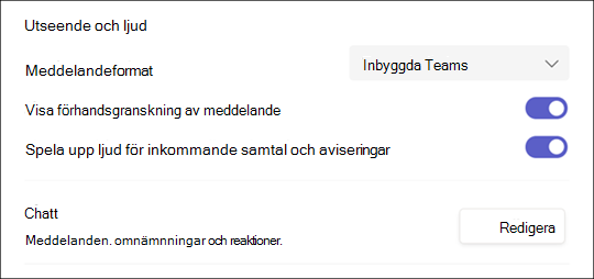 Meddelandeinställningar i Teams för Windows 10