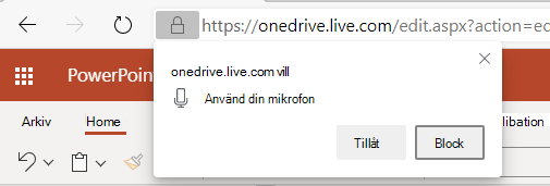Skärmbild av PowerPoint dikteringsbehörigheter.