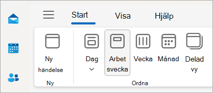 Skärmbild av menyfliksområdet i nya Outlook med val för att ändra kalendervyn