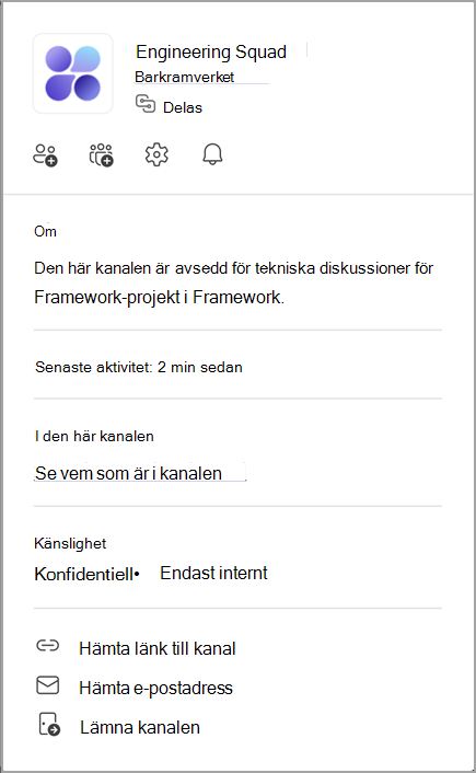 Skärmbild av ett kanalkort. Peka på en kanals namn för att visa kanalkortet.