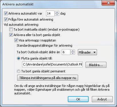 Dialogrutan AutoArchive-inställningar