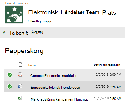 Markera ett eller flera objekt att återställa