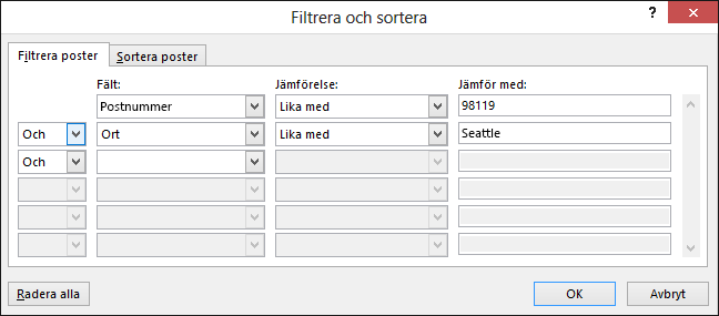 Välj Redigera mottagarlista som en del av dokumentkoppling i Word och välj Filtrera under Förfina mottagarlistan.