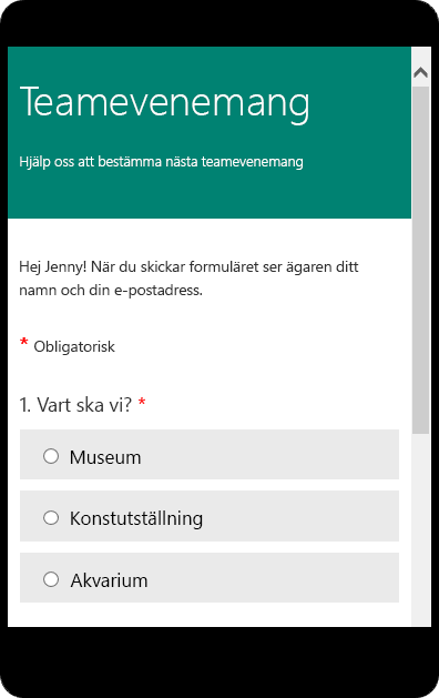 Förhandsgranskningsläge på mobil för ett klassundersökningsformulär