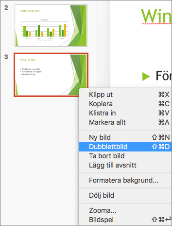 Skärmbild som visar en markerad bild och alternativet Dubblettbild markerat på snabbmenyn.