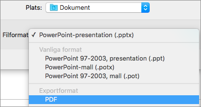 PDF-alternativet i listan Filformat i dialogrutan Spara som i PowerPoint 2016 för Mac.