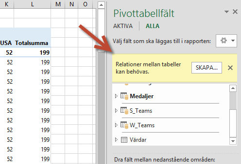 Uppmaning om att Skapa relation i Pivottabellfält