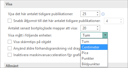 Avancerade visningsinställningar där du kan ändra måttenheten.