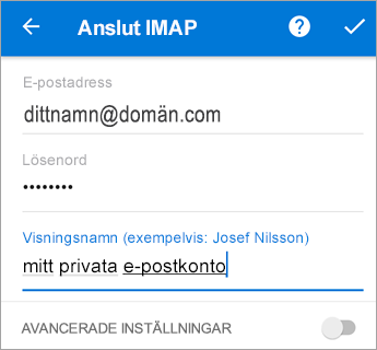 Ange ditt lösenord och de serverinställningar som behövs.