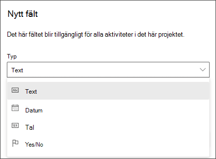 Skärmbild från dialogrutan Projekt av nytt fält som visar Typer text, Datum, Tal, Ja/Nej