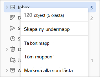 Skärmbild som visar menyn när du högerklickar på en mapp