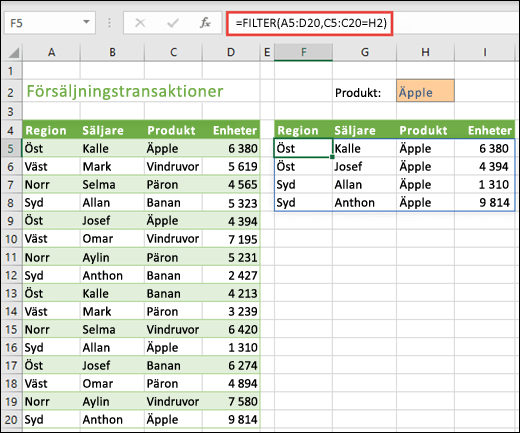 FILTER-funktion – Filtrera region efter produkt (äpple)