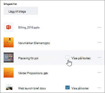 Markera en bifogad fil och klicka på Visa på kort