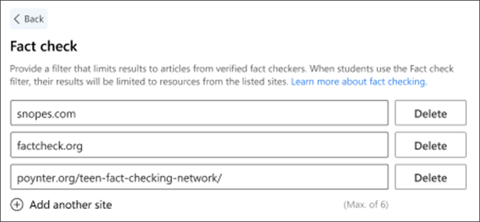 Skärmbild av alternativet för faktakontroll i inställningarna. Tre standardwebbplatser för faktakontroll visas – de kan tas bort och andra kan läggas till för att uppfylla lärares behov