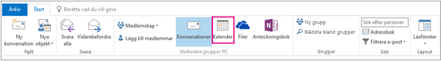 Kalenderknapp på menyfliksområdet grupper i Outlook