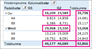 Totalsummor och delsummor för pivottabell