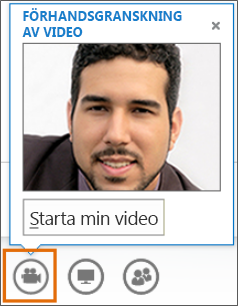 Skärmdump av Starta min video i ett möte med en videoförhandsgranskning