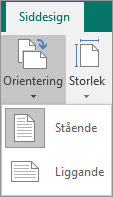 Fliken Sidlayout med Orientering valt och alternativen Stående och Liggande.