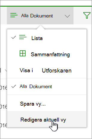 Menyn Visningsalternativ med Redigera aktuell vy markerat