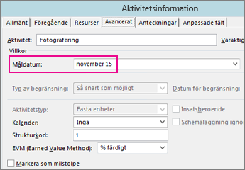 Ange ett måldatum för en aktivitet