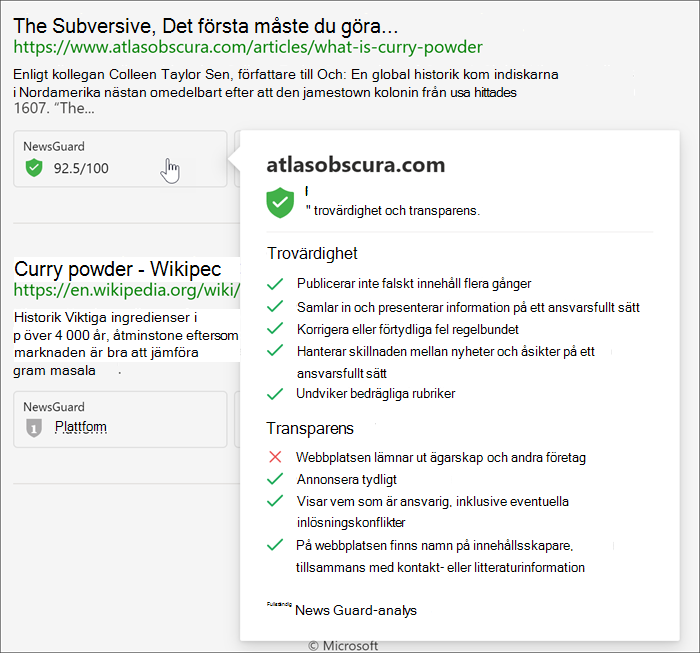 Skärmbild som visar urvalet av NewsGuard. Bockmarkeringar visar vilka trovärdighets- och transparensstandarder som uppfylldes av den här webbplatsen