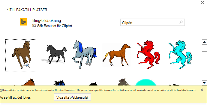 En sökning efter "häst clipart" ger dig en mängd olika bilder med en Creative Commons-licens.