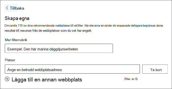 Skärmbild av hur du skapar ett anpassat filter. I exemplet på filtertitel står det "marin däggdjursenhet" och det finns öppet utrymme nedan för att ange dina egna önskade platser.
