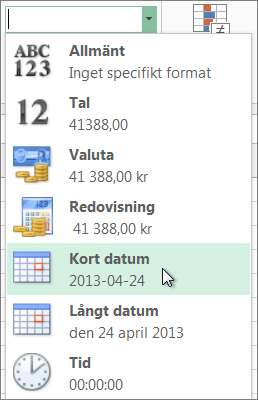 Kommandot Kort datum i galleriet Talformat