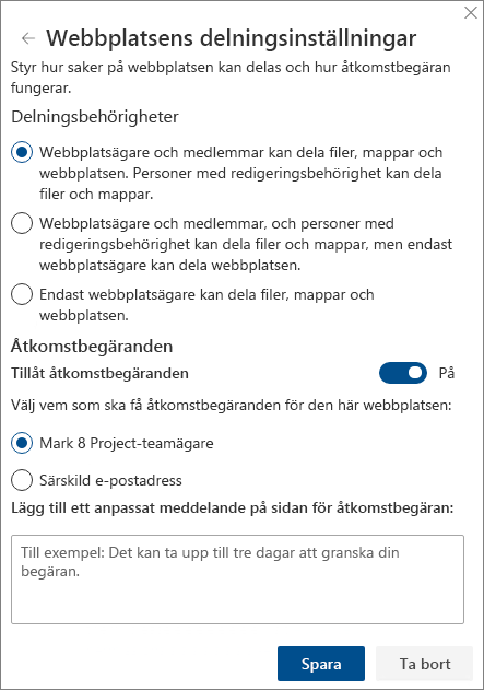 Skärmbild av panelen Inställningar för delning av webbplats.