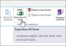 Knappen Exportera till Excel markerad i menyfliksområdet i SharePoint